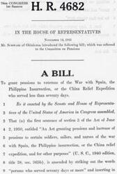 ["The document is a bill introduced in the House of Representatives by Mr. Schwabe of Oklahoma on November 14, 1945. The bill aims to grant pensions to veterans of the War with Spain, the Philippine Insurrection, or the China Relief Expedition who served less than seventy days. It proposes an amendment to the Act of June 2, 1930, to allow for this provision."]