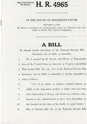 ["The document is a bill introduced by Mr. Rankin to the 79th Congress, 1st Session, to amend certain provisions of the National Service Life Insurance Act of 1940. The bill specifically amends sections 602 (d) (2) (C) and 602 (f) of the Act to address entitlements to benefits for dependents of deceased insured individuals."]