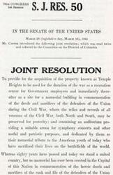 ["The document is a joint resolution introduced in the Senate to acquire the property known as Temple Heights to be used as a recreation center for Government employees during the war and as a site for a memorial building in commemoration of the Civil War defenders. The resolution also authorizes an appropriation of up to $950,000 for this purpose."]