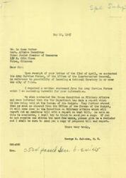 ["The document is in response to a request from Mr. Le Ross Parker regarding the possibility of locating a National Cemetery in or near Tulsa. The sender, George B. Schwabe, contacted the Army Service Forces and the House Committee on Military Affairs to gather information on this matter. The Army Service Forces provided a written statement, and the House Committee on Military Affairs is awaiting a report from the War Department. Schwabe promises to send a copy of the proposed bill and report once it is available."]