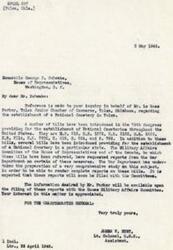 ["The document is in response to an inquiry about the establishment of a National Cemetery in Tulsa, Oklahoma. It mentions various bills introduced in Congress for the establishment of National Cemeteries and states that reports from the War Department on these bills are forthcoming. The information requested will be available once the reports are filed with the House Military Affairs Committee."]