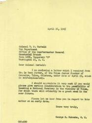 ["George B. Schwabe, a member of Congress, is writing to Colonel R. P. Harold of the War Department requesting consideration for the establishment of a National Cemetery near Tulsa, Oklahoma, due to a perceived future need. Schwabe enclosed a letter from Mr. Le Ross Parker of the Tulsa Junior Chamber of Commerce for reference. Schwabe is asking for a prompt response on the matter."]
