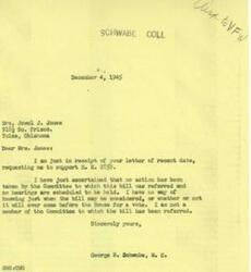 ["Mrs. Jewel J. Jones is requesting support for H.R. 2859, which would provide pensions for World War I veterans. George B. Schwabe responds, stating that no action has been taken on the bill and he is not on the committee to which it has been referred. Mrs. Jones, the wife of a World War I veteran and mother of a World War II veteran, asks for support on the bill."]