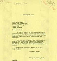 ["Mrs. Betty Black wrote a letter to Honorable  George B. Schwabe requesting his support for the Invalid Pension Bill that would provide pensions for World War I veterans who develop disabilities after their service is completed. Schwabe responded that he will give serious consideration to the measure when it is before the House of Representatives for action. Black emphasized the importance of the bill and expressed appreciation for Schwabe's potential support."]