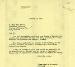 ["The document acknowledges receipt of a resolution endorsing H.R. 127 addressed to Representative George B. Schwabe from the Veterans of Foreign Wars. Mr. Schwabe is currently away on official business and the letter will be brought to his attention upon his return to Washington. Congress is not expected to reconvene until the middle of January."]