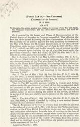 ["This text discusses changes made to service pension laws for veterans of the War with Spain, the Philippine Insurrection, and the China Relief Expedition. It includes increases in pension amounts, amendments to marriage date definitions for widows, and requirements for continuous cohabitation for pension eligibility. The document also mentions new bills introduced in the 79th Congress related to pensions for veterans of World War I and non-service-connected disabilities."]