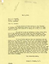 ["The document consists of two letters concerning bills related to veterans that are currently in committees in the House of Representatives. The first letter from W.H. Ferrell urges George Schwabe to use his influence to bring these bills out of committee, while the second letter from George Schwabe explains that he is not on the relevant committees but will consider the bills if they come before the House. Schwabe expresses doubt that the bills will be acted upon soon due to other legislative priorities."]
