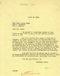 ["Mrs. Irene Austin Beaty wrote a letter to Mr. George Schwabe C. inquiring about Bill 127 which provides a bonus for World War II veterans. Mr. Schwabe responded that the bill is pending before the Ways and Means Committee and no action has been taken yet. He assured Mrs. Beaty that he will personally consider the provisions of the bill when it is reported out. Mrs. Beaty expressed her support for the bill, stating that disabled soldiers should receive help and assistance in establishing themselves after the war."]