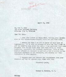 ["The document is a series of letters between Mr. Tom E. Earp and Mr. George B. Schwabe discussing their opposition to the Wagner-Murray-Dingell bills, which they believe are an attempt by the New Deal crowd to impose legislation that would regiment and burden taxpayers. Mr. Earp also expresses his dissatisfaction with Congressman Mike Monroney's response to his opposition."]