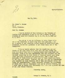["The first text is a response from George B. Schwabe, a member of the House of Representatives, to a letter from James W. Moomaw regarding several bills related to veterans that are pending in various committees. Schwabe explains that he is not on the committees that can bring these bills forward but promises to consider them if they come before the House. The second text is a letter from Moomaw urging Schwabe to use his influence to push for the passage of the bills, which include provisions for adjusted service pay, pensions for veterans of World War I, and insurance credits for veterans under the Social Security Act. Moomaw emphasizes the importance of these bills for veterans and urges Schwabe to act on their behalf."]