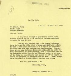 ["The document is a correspondence between Mr. Paul L. Tiley and Congressman George B. Schwabe regarding Bills H.R. 127, H.R. 2859, and H.R. 1970 pending in Congress. Tiley is requesting Schwabe to use his influence to push for these Bills to be considered and passed. Schwabe acknowledges the request and expresses willingness to support the Bills, despite not being on the Committee assigned to them. Schwabe assures Tiley that he will do his best to help and boost the Bills for veterans."]