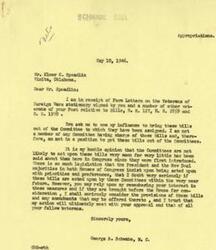 ["The document is from a Veterans of Foreign Wars post in Oklahoma urging Congressman George B. Schwabe to take action on three bills that would benefit veterans. The bills include providing adjusted service pay for World War II veterans, granting pensions to World War I veterans, and allowing insurance credits for military service under the Social Security Act. Congressman Schwabe responds that he is not on the committees handling these bills but will consider them if they are brought before the House for consideration. He expresses doubt that the bills will be acted upon soon due to the amount of legislation being prioritized by Congress."]