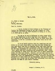 ["Mr. Rucker, a Veteran of Foreign Wars, wrote to Congressman Schwabe urging him to use his influence to bring three bills beneficial to veterans out of the committees they were assigned to. Congressman Schwabe responded, explaining that he was not on the committees in charge of these bills and that it was unlikely they would be acted upon soon due to the priority of other legislation. He assured Mr. Rucker that he would consider the bills if they were brought before the House for consideration."]