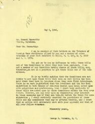 ["A letter from a veterans' organization in Vinita, Oklahoma urges Congressman George B. Schwabe to use his influence to bring three bills concerning veteran benefits out of committee for consideration. The bills include provisions for adjusted service pay for World War II veterans, pensions for World War I veterans, and insurance credits for military service under the Social Security Act. Congressman Schwabe responds that he is not on the relevant committees, but he will consider the bills if they come before the House for consideration."]