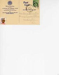 ["This is a postcard from the Ladies Auxiliary of the Veterans of Foreign Wars of the United States, Department of Oklahoma. It is addressed to Hon George B. Schwabe in Washington and asks for support for Bill HR. The sender is Mrs. Sarah Fogh from Drumright, Oklahoma."]