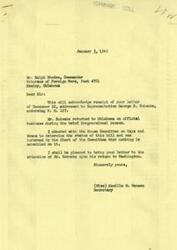 ["The document is a letter acknowledging the receipt of a letter endorsing H.R. 127, a bill related to granting Adjusted Service Pay to Veterans of World War Two. The sender of the letter checked with the House Committee on Ways and Means and was informed that nothing is scheduled on the bill. The sender will bring the letter to the attention of Mr. Schwabe upon his return to Washington."]