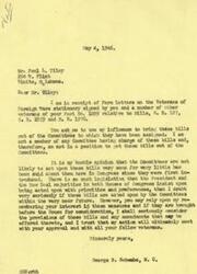 ["The document is from a veteran urging Congressman George B. Schwabe to take action on three bills that would benefit veterans. The bills include equitable adjusted service pay for World War II veterans, pensions for World War I veterans, and insurance credits for military service under the Social Security Act. Congressman Schwabe responds, stating that he is not on the relevant committees but will consider the bills if they are brought before the House for consideration. He also expresses doubt that the bills will be prioritized among the many pieces of legislation being considered."]