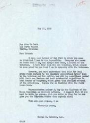 ["George B. Schwabe, a member of the House of Representatives, responds to a letter from John E. Burt regarding veterans' issues. Schwabe explains the challenges in influencing legislation due to the New Deal era government and suggests reaching out to Representative Andrew J. May for assistance. Burt expresses frustration with the lack of progress on veteran-related bills and urges Schwabe to prioritize veterans' needs over personal gain."]