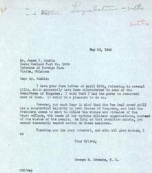 ["The document is a letter written by Mr. George B. Schwabe, a member of Congress, responding to a letter from Mr. James F. Humble of the Veterans of Foreign Wars. Mr. Schwabe explains that several bills benefiting veterans are stalled in Congress due to the influence of the New Deal crowd and the President. He expresses a desire to resurrect the bills but acknowledges the challenges in getting them passed. Mr. Humble had urged Mr. Schwabe to take action on the bills and ensure they are brought forward for consideration."]