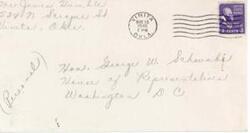 ["The document is a letter from James Humble in Vinita, Oklahoma to Honorable  George W. Schwabe in Washington D.C., dated May 16, 1946. The document includes James Humble's address and the postage paid, which was 3 cents."]