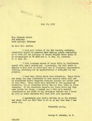 ["Mrs. Deborah Jacobs from Sand Springs, Oklahoma sent a letter to Representative  George Schwabe requesting his support for the purchase of Temple Heights in Washington D.C. through HR 2210 and S. J. Res. 50. Representative  Schwabe responded, stating that he will carefully consider the bills once they are brought before Congress and hopes his vote will meet Mrs. Jacobs' approval. Mrs. Jacobs' letter was on behalf of the Ladies of the Grand Army of the Republic, requesting support for a memorial building for foreign war veterans."]