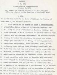 ["The document is a bill introduced by Mr. Schwabe of Oklahoma in 1945 to provide homesteads in Oklahoma for World War II veterans. The bill transfers land from the jurisdiction of the United States to the Secretary of the Interior for the purpose of creating the \"Oklahoma Veterans Homestead Project\". The Bureau of Reclamation is tasked with studying the land and determining its agricultural use, as well as acquiring additional land and constructing necessary facilities. Veterans who meet certain criteria are eligible to receive parcels of land for cultivation."]