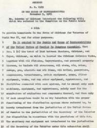 ["The bill H.R. 4589 introduced in the House of Representatives in 1945 aims to provide homesteads in Oklahoma for veterans of World War II. It involves transferring land and equipment from the Oklahoma Ordnance Works to the jurisdiction of the Secretary of the Interior for disposal to veterans for agricultural use. The bill also includes provisions for studying the land, acquiring additional lands, and constructing necessary facilities for irrigation and other purposes. Veterans who meet certain criteria are eligible to receive a parcel of land for cultivation under the Oklahoma Veterans Homestead Project."]