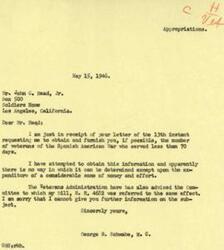 ["Mr. John C. Head Jr. wrote a letter to George B. Schwabe, a member of Congress, requesting information about the number of veterans of the Spanish American War who served less than 70 days. Schwabe responded that obtaining this information would require a significant amount of money and effort, and that the Veterans Administration had advised the same. Therefore, he was unable to provide further information on the subject."]