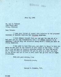 ["The document is a letter from George B. Schwabe to Ben H. Colbert discussing the proposed increase in pensions for Spanish American War Veterans. Schwabe expresses his support for the increase, acknowledging that the veterans have been neglected for too long and deserve proper consideration. He invites Colbert to visit him in his office to discuss the situation further. Schwabe also mentions that there is sentiment in Washington to raise the pensions by 20% and suggests a monthly rate of $1000 for all Spanish American War Veterans."]