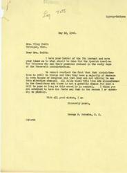 ["Mrs. Wiley Smith is writing to Honorable George B. Schwabe to request that a bill be drawn up to reimburse Spanish American War Veterans for the money that was cut from their pensions due to the Economy Act. She believes that the bill would pass in Congress and hopes that Schwabe will consider helping them. Schwabe responds by explaining that it is unlikely for such a bill to pass as long as the current administration is in control."]