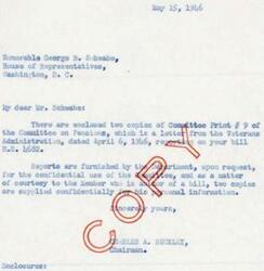 ["A letter from Charles A. Buckley, Chairman of the Committee on Pensions, to George B. Schwabe, a Member of the House of Representatives, enclosing a report from the Veterans Administration on bill H.R. 4682. Schwabe acknowledges receipt of the report and expresses his hope that the Committee will consider the bill, as it would benefit a few individuals significantly."]