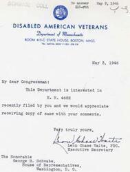 ["The Department of Disabled American Veterans in Massachusetts is interested in a bill filed by Congressman George B. Schwabe (H.R. 4682) and is requesting a copy of the bill with his comments. The document is dated May 3, 1946."]