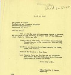 ["A letter from Miss Camille M. Gameau to Mr. Luther E. Ellis requesting 25 copies each of several documents related to Public Law 346 be sent to Congressman George B. Schwabe. The requested documents include Rehabilitation Form 1950, Questions and Answers About Loan Guaranty for Homes, Farms, and Business, Handbook for Lenders on Home Loans, and Loan Guaranty Forms and Regulations circular."]