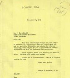 ["Mr. V.E. Caldwell requested copies of Public Laws 346 and 16, as well as other literature related to veterans, from George B. Schwabe. Schwabe acknowledged the request and sent the requested material to Caldwell. Caldwell expressed gratitude for the assistance in his work as a Contact Representative with the Veterans Administration."]