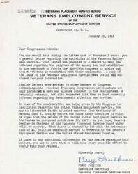 ["The document from the Veterans Placement Service Board to Congressman Schwabe discusses the progress of the Veterans Employment Service and the need for legislation regarding the United States Employment Service. Excerpts from General Omar N. Bradley's testimony before the House Labor Committee regarding the return of the USES to the States are also included, highlighting the importance of postponing the transfer until June 1947 to ensure high standards of operation and efficient service to veterans."]