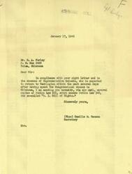 ["The document is informing Mr. H. A. Farley that Representative Schwabe is expected to return to Washington soon and in the meantime, they are sending copies of Public Law 268, which amends the G.I. Bill of Rights. The request is to forward the copies via air mail to Mr. Farley's post office box in Tulsa, Oklahoma."]