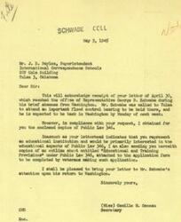 ["The document is a letter from J.B. Bayles, Superintendent of International Correspondence Schools, to Congressman George B. Schwabe requesting copies of Public Law 346. Bayles mentions that Schwabe's son and his own son were acquainted at school, and expresses hope for lasting peace. The document also includes information on educational and training provisions under Public Law 346. A secretary, Camille M. Gameau, acknowledges the letter and mentions that Schwabe is expected back in Washington soon."]