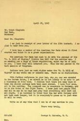 ["The document is from George B. Schwabe to Grant Cleghorn, discussing the American War Dads organization and the benefits of the G.I. Bill of Rights for service men, including Native Americans. Schwabe also mentions his son serving in Germany and offers assistance to Cleghorn. Cleghorn's letter to Schwabe expresses concerns about his wounded son and the need for all Americans to contribute to the war effort. Cleghorn also expresses hope for Schwabe to represent Oklahoma effectively in Congress."]