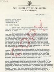 ["The President of the University of Oklahoma writes to Senator Claude Pepper expressing support for his proposed Senate Bill 1176, which seeks to amend Public Law 346 to provide better opportunities for veterans. The document highlights the importance of the amendments in removing limitations and ambiguities in the original law, as well as increasing support for educational institutions participating in the veterans' education program. The document also suggests specific amendments to ensure fair and reasonable compensation for all educational institutions. The President expresses gratitude for Senator Pepper's efforts in addressing these issues."]