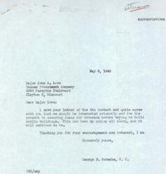 ["Major John A. Love is writing to George B. Schwabe expressing his concern about a proposed bill for appropriation for public works, stating that the focus should be on providing housing for veterans before starting any public works projects. He believes that resources should be directed towards solving the housing problem for veterans before initiating any public works program. Love also mentions the Murray Bill as a potential solution for helping veterans secure homes. Schwabe responds, agreeing with Love's sentiments and stating that his policy has always been to prioritize securing loans for veterans."]