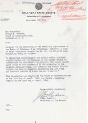 ["The document is a letter from J. Wm. Cordell, Secretary of the Oklahoma State Senate, to George B. Schwabe, a member of the House of Representatives in Washington, D.C. The document forwards a copy of House Concurrent Resolution No. 28, which requests the investigation of dividing government-owned lands at the Oklahoma Ordnance Works into small tracts for sale to disabled ex-service men and women and merchant marines of World War I and II. The resolution was adopted by the House of Representatives and Senate in April 1945."]