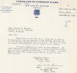 ["The Veterans of Foreign Wars (VFW) Post 3654 in Pryor, Oklahoma is inviting Honorable  George B. Schwabe, a member of United States Congress, to attend an event for new members and to speak about HR.4589. The post has approved a resolution supporting the bill and is offering their support for the legislation."]