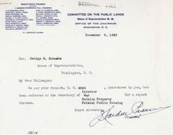 ["The document is a letter from the Chairman of the Committee on Public Lands to a colleague in the House of Representatives regarding a bill that has been referred to the Secretary of War for a report on surplus property and federal public housing."]