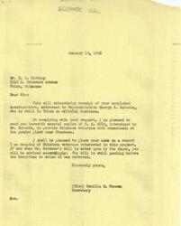 ["The document acknowledges receipt of a completed questionnaire from Mr. R. H. Kirkley regarding a bill introduced by Representative George B. Schwabe to provide Oklahoma veterans with homesteads at a powder plant near Chouteau. The sender, Miss Camille M. Gameau, will keep Mr. Kirkley's name on record and will advise him if and when the bill is acted upon by the House."]