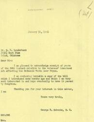 ["Mr. Louderback wrote to Representative Schwabe inquiring about the veterans' homestead act affecting the Ordnance Works near Pryor. Representative Schwabe responded by acknowledging receipt of the letter and enclosing a copy of the bill he introduced. He expressed his interest in the bill and thanked Mr. Louderback for his interest in the matter."]