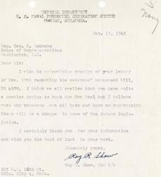 ["The author is writing to Representative  Geo. B. Schwabe about the veterans' homestead bill, HR 4589. They acknowledge the challenges of dealing with the New Deal but express hope for future changes in legislation once all veterans have returned. The author thanks Representative  Schwabe for the information and wishes them luck in their work."]