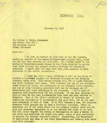 ["The document from George B. Schwabe, M.C. to Walter J. Petty, Commander of Joe Carson Post No. 1 of The American Legion in Tulsa, Oklahoma, discusses a housing bill for veterans and proposes a homestead project for Oklahoma veterans at the Oklahoma Ordnance Works site. Schwabe expresses his support for the objectives of the Wagner-Ellender-Taft housing bill and requests cooperation and support in moving government-owned houses to alleviate the housing shortage for returning veterans. Petty notifies Schwabe that the American Legion post has unanimously endorsed the housing bill and urges Schwabe to lend his support for its early passage."]