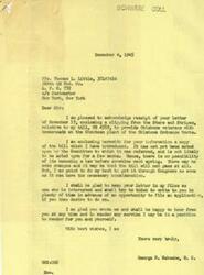 ["Pfc. Thomas L. Little acknowledges receipt of a letter from Representative George B. Schwabe regarding a bill for providing homesteads to Oklahoma veterans. Schwabe explains that the bill has not yet been acted upon and may not pass, but he will do his best to get it through Congress. Little expresses interest in the plan and asks to be included on the list for homesteads."]