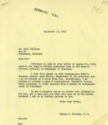 ["Mr. Eula Phillips from Bushyhead, Oklahoma inquired about the availability of homestead land for veterans in Wellton, Arizona. Representative George B. Schwabe contacted the General Land Office and received a response stating that there are remaining vacant public lands in Yuma County, Arizona. The District Land Office in Phoenix can provide information and diagrams of vacant tracts for a fee. Circular 1588 containing regulations for soldiers and sailors' public land rights was also enclosed. The General Land Office offered further assistance to Mr. Phillips and returned his letter with relevant information."]