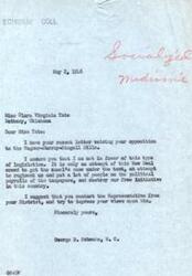 ["The document is from George B. Schwabe, a member of Congress, to Miss Clara Virginia Tate in response to her opposition to the Wagner-Murray-Dingell Bills. Schwabe shares her concerns about the legislation and encourages her to contact her District Representative to express her views."]